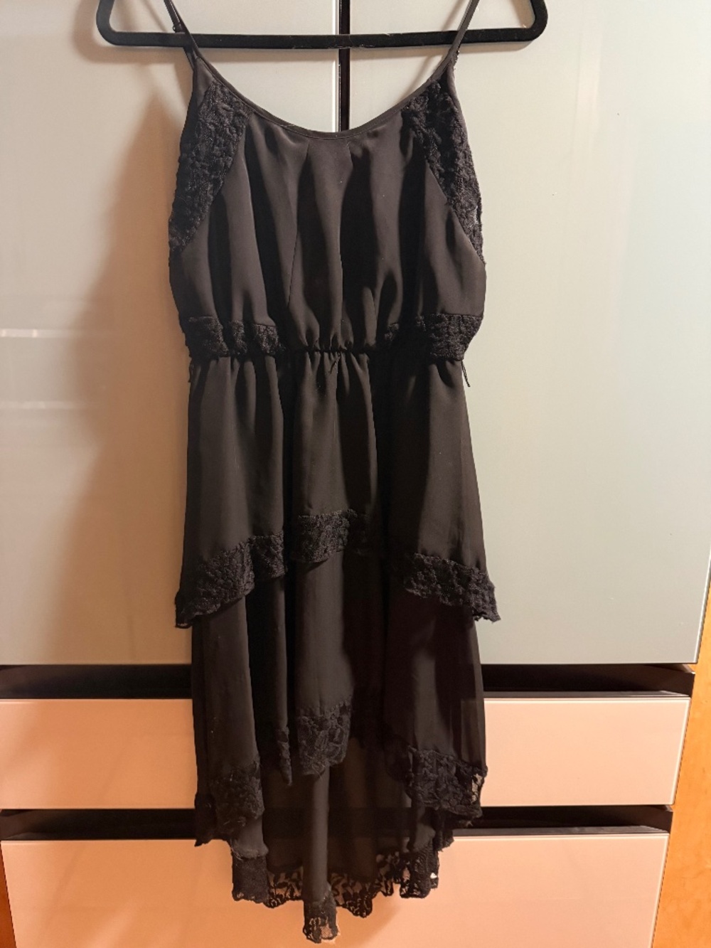 Black Tiered Lace-Trim Spaghetti Strap Dress – Size Medium